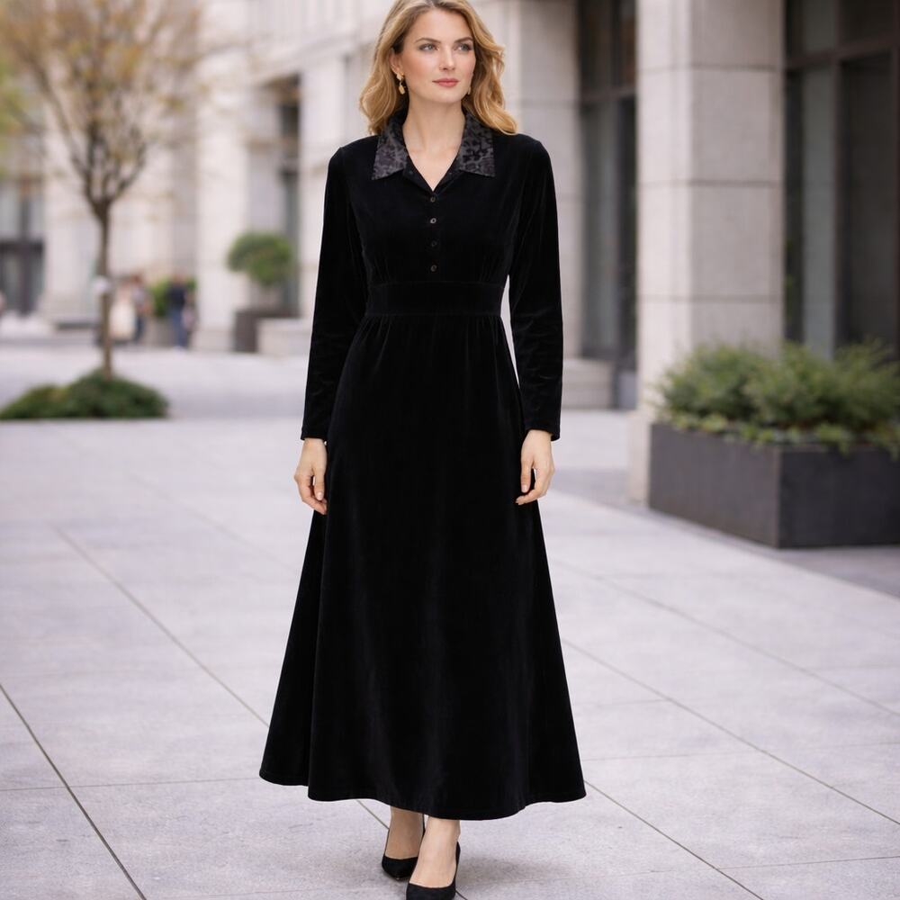 Smith & Hawkin Vintage SZ 14 Black Velvet Maxi Dress With Devoré Burnout Collar